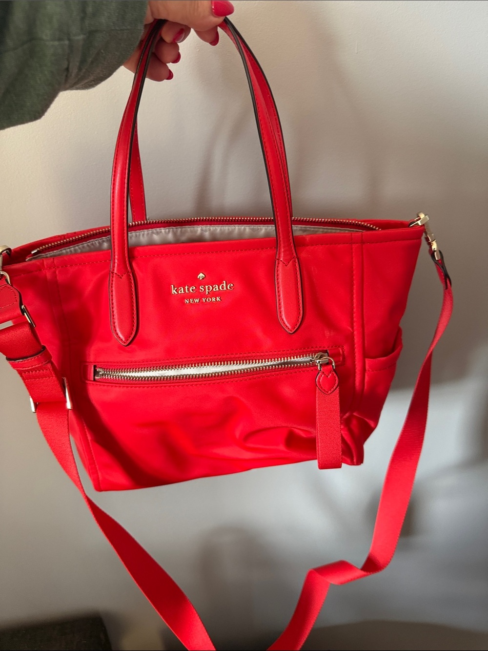 kate spade red shoulder tote with gold hardware